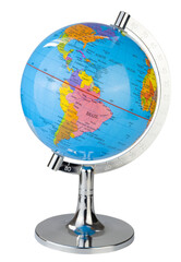 Table world colorful earth globe model in blue color showing map of Brazil isolated on white background.	