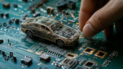 Fototapete - Close-up of a hand placing a miniature car model onto a circuit board, symbolizing automotive technology and innovation.