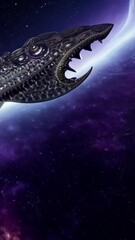 Wall Mural - vertical 9:16 A massive celestial leviathan with shimmering scales and endless eyes emerges from a swirling black hole. Its elongated body twists through space, absorbing energy from nearby stars