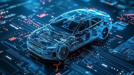Aufkleber - Wireframe car model on circuit board, representing automotive technology and innovation.