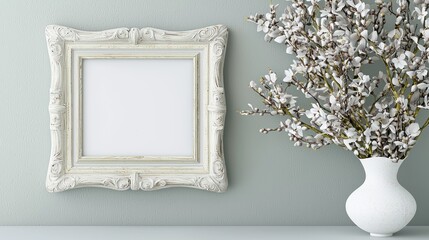 Wall Mural - Empty picture frame, delicate white blossoms in vase, pale green backdrop.  A blank, ornate frame is centered against a soft sage wall.  A simple white vase holds a branch of delicate, white blossoms.