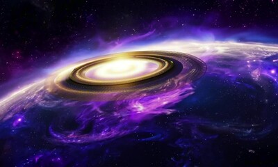 Wall Mural - A celestial formation, shimmering with cosmic energy, above a massive alien planet. Releasing golden stardust, igniting supernovas in the surrounding nebula