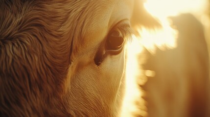 Aufkleber - Close-up of a cows face illuminated by warm sunlight in a tranquil rural setting with a blurred farm background