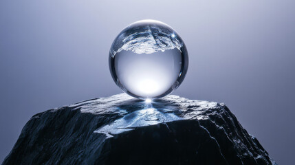 Wall Mural - a luminous crystal sphere carefully poised on the tip of a jagged black stone, capturing light in a 