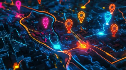 Poster - Neon city map with glowing location pins and digital roads.