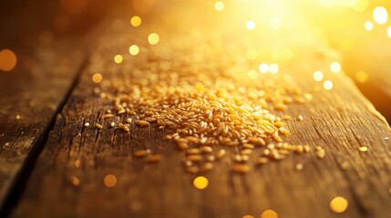 Aufkleber - Golden wheat grains on rustic wooden table with warm reflections and soft lighting for a premium food concept