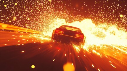 Poster - Fast car speeding, sparks flying, night road.