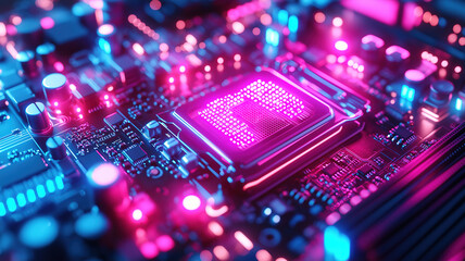 Wall Mural - detailed view of illuminated motherboard highlighting central processor and vibrant pink blue lighti