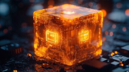 Wall Mural - high-tech glowing orange cube showcasing detailed internal circuitry and electronic components
