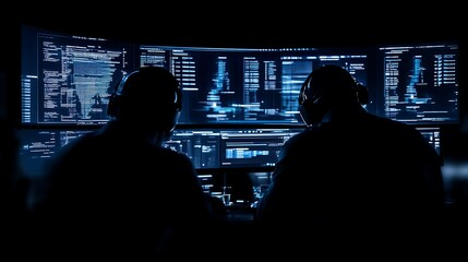 Cybersecurity experts code late, dark office