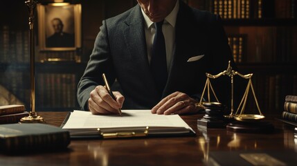 Aufkleber - Lawyer signing legal document at desk in library.