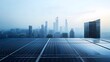 © pjjaruwan - A modern, minimalist cityscape with solar panels on rooftops, in shades of light gray and blue