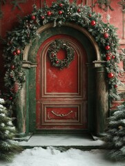 Wall Mural - christmas photography portrait backdrop, festive slower arch background, frame for holidays, digital