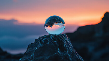 Wall Mural - a luminous crystal sphere carefully poised on the tip of a jagged black stone, capturing light in a 