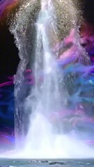 Wall Mural - vertical 9:16 A surreal waterfall defies gravity, flowing upward into an endless cosmic sky filled with swirling galaxies. As the water ascends, it transforms into shimmering stardust