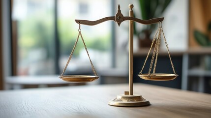 Aufkleber - Golden scales of justice on wooden table in office.