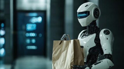 Aufkleber - Friendly delivery robot hands over grocery bag in a clean futuristic cyberpunk environment with smooth lighting and reflections
