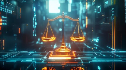 Poster - Golden scales of justice in futuristic digital setting.