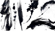 © Gomez - Assorted ink splashes and calligraphy brushes, featuring elegant strokes, isolated on a white background