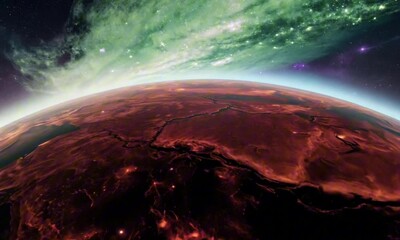 Wall Mural - A slumbering eldritch horror stirs beneath the surface of a blood-red planet, its colossal tendrils breaking through the crust. Stars flicker as its presence warps reality. Cosmic horror aesthetic