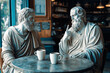 © Magryt - Two white marble statues of Greek philosophers sitting at a caf? table, engaging in deep conversation over coffee. Philosophy, dialogue, intellect, and timeless discussion in a modern context.