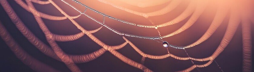 An intricate spider web glistening with small water droplets early morning
