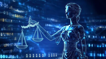 Poster - Digital Lady Justice, scales of justice, binary code background, futuristic concept.