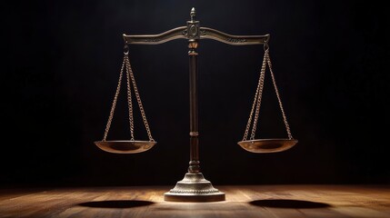 Aufkleber - Antique scales of justice on dark wooden surface, balanced, illuminated.
