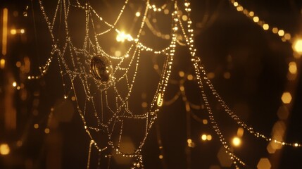 Spider Web Covered With Water Droplets Illuminated By Light