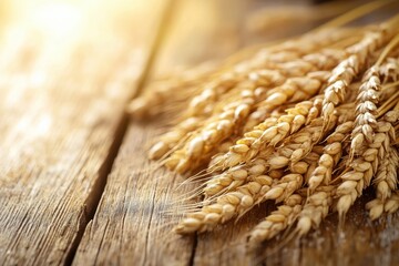 Aufkleber - Golden wheat grains resting on rustic wooden table with warm reflections and soft lighting for premium food concept