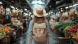 ©  lukaPixMedia - Dressed in a straw hat and casual attire, a woman stands in a lively market filled with fresh produce, showcasing the charm of local shopping experiences and cultural heritage.