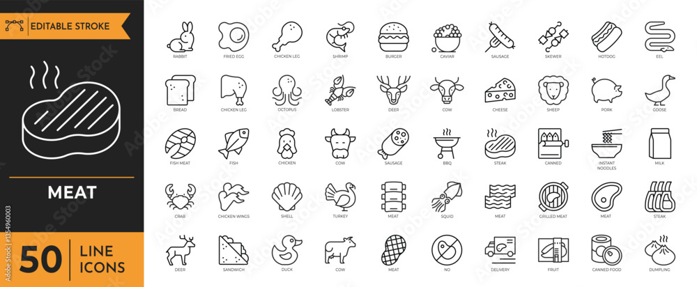 Meat outline icon set. Containing Meat products, food, Ham, Sausage ...