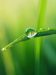 Aufkleber - Dewdrop resting on a green wheat leaf with detailed reflections and a soft blurred background in natural light
