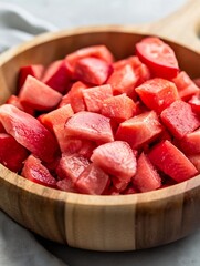 Poster - Freshly chopped watermelon pieces served in a wooden bowl ready for summer enjoyment : Generative AI