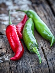 Poster - Vibrant red and green chili peppers on a rustic wooden background : Generative AI