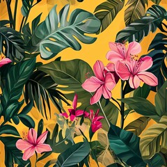 Wall Mural - tropical foliage and blooms in vibrant digital design, warm yellow backdrop, lush green tones with p
