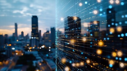 Poster - Abstract View of a Bustling Cityscape with Digital Light Trails in the Evening : Generative AI