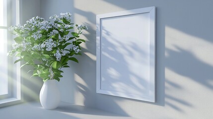 Wall Mural - Empty white frame, bouquet of white flowers, natural light