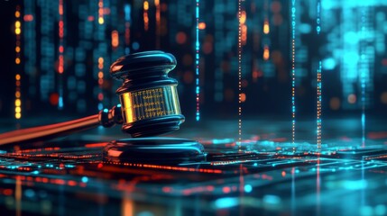 Aufkleber - Gavel on digital circuit board, representing cyber law or online justice.
