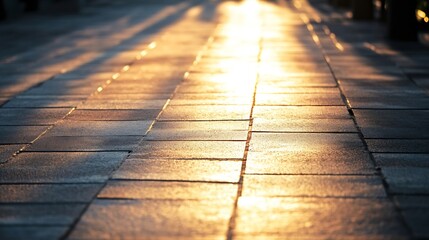 Aufkleber - Golden sunlight reflecting off wet pavement in a tranquil urban setting : Generative AI