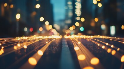 Poster - City street illuminated at night with shimmering lights creating a vibrant urban scene : Generative AI