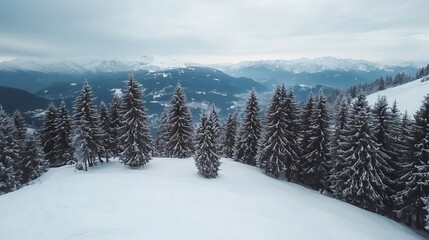 Aufkleber - Serene winter landscape with snowcovered ground and evergreen trees under a cloudy sky : Generative AI