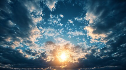 Poster - Stunning sunset view with dramatic clouds illuminated by golden sunlight creating a breathtaking atmosphere : Generative AI