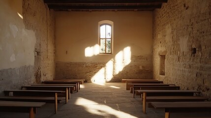 Aufkleber - Peaceful interior of an empty chapel with soft light streaming through a window creating a serene atmosphere : Generative AI