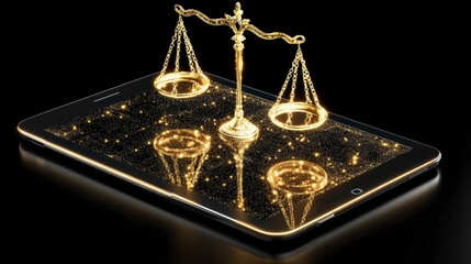 Aufkleber - Golden scales of justice on a tablet, symbolizing online legal concepts.