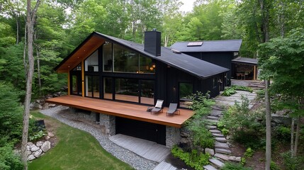 Aufkleber - Modern architectural design of a stylish house nestled in a lush forest surrounded by nature : Generative AI