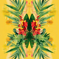 Wall Mural - tropical greenery and flowers in a modern digital design, bold greens and reds, warm yellow backdrop