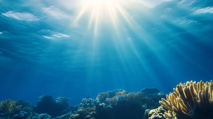 Poster - Underwater Scene with Sunlight Streaming Through Crystal Clear Ocean Waters and Vibrant Coral : Generative AI