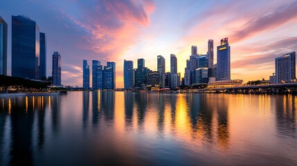 Leinwandbilder - Stunning City Skyline at Sunset with Reflections in Water for Urban Photography : Generative AI