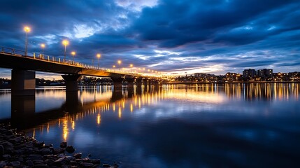 Aufkleber - Dramatic Night View of a Bridge Reflecting City Lights on Calm Water : Generative AI